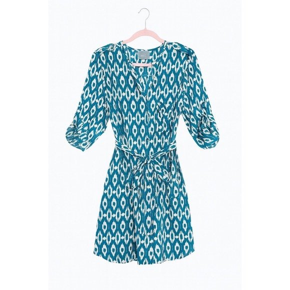 Maeve Dresses & Skirts - Maeve by Anthropologie Teal Ikat Button-Up Shirt Dress Size Small Tab Sleeves